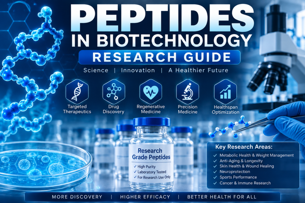 Peptides in biotechnology research showing molecular biology, cellular signaling, and laboratory peptide science