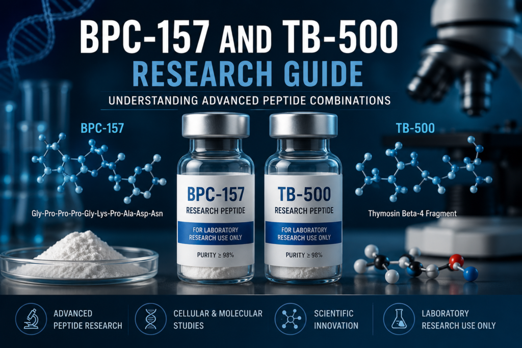 TB-500 peptide research showing Thymosin Beta-4 molecular structure and biotechnology science illustration